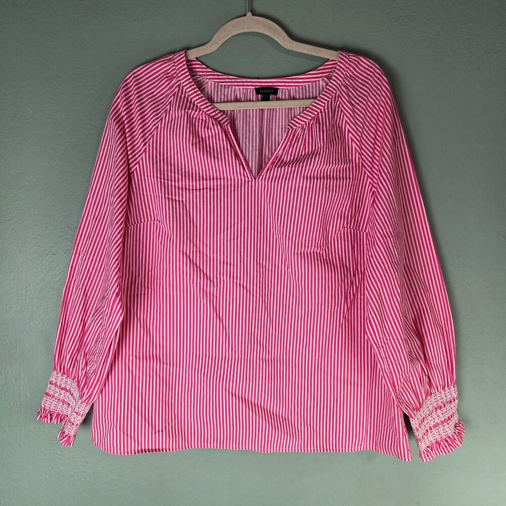 Talbots Womens Pink White Butterfly Stripe Smocked Cuff Raglan Popover Blouse L